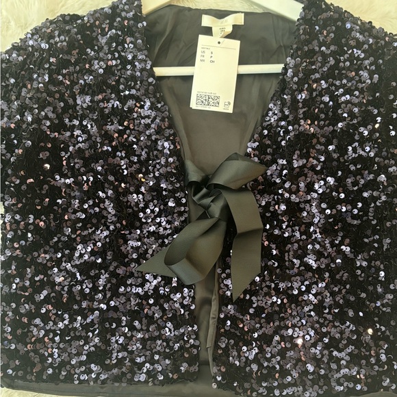 H&M Tie-Front Sequined Jacket Navy Blue with Bow S,M,L Holiday - Picture 7 of 8